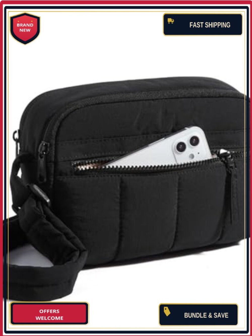 Puffer Crossbody Bag with Double Zip, Nylon, Padded Strap, Travel Gym